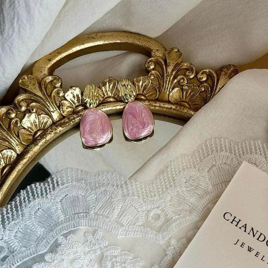 Blush Pink Resin Petal Drop Earrings S925 Gold Post on neutral background — front view