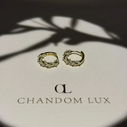 Pearl Beaded Huggie Hoop Earrings S925 Silver Gold — pair shown together on flat lay