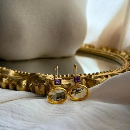Amethyst & Crystal Square Drop Earrings Gold Tone — angle highlighting drop and movement