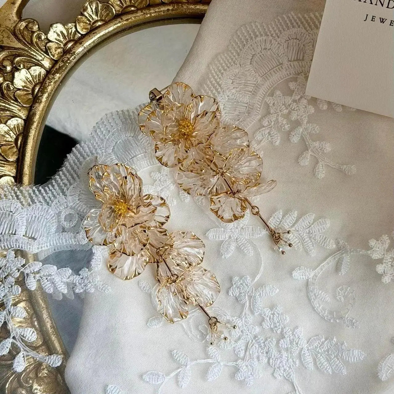 Champagne Flower Drop Earrings S925 Gold Bridal — close-up of pearl and post detail
