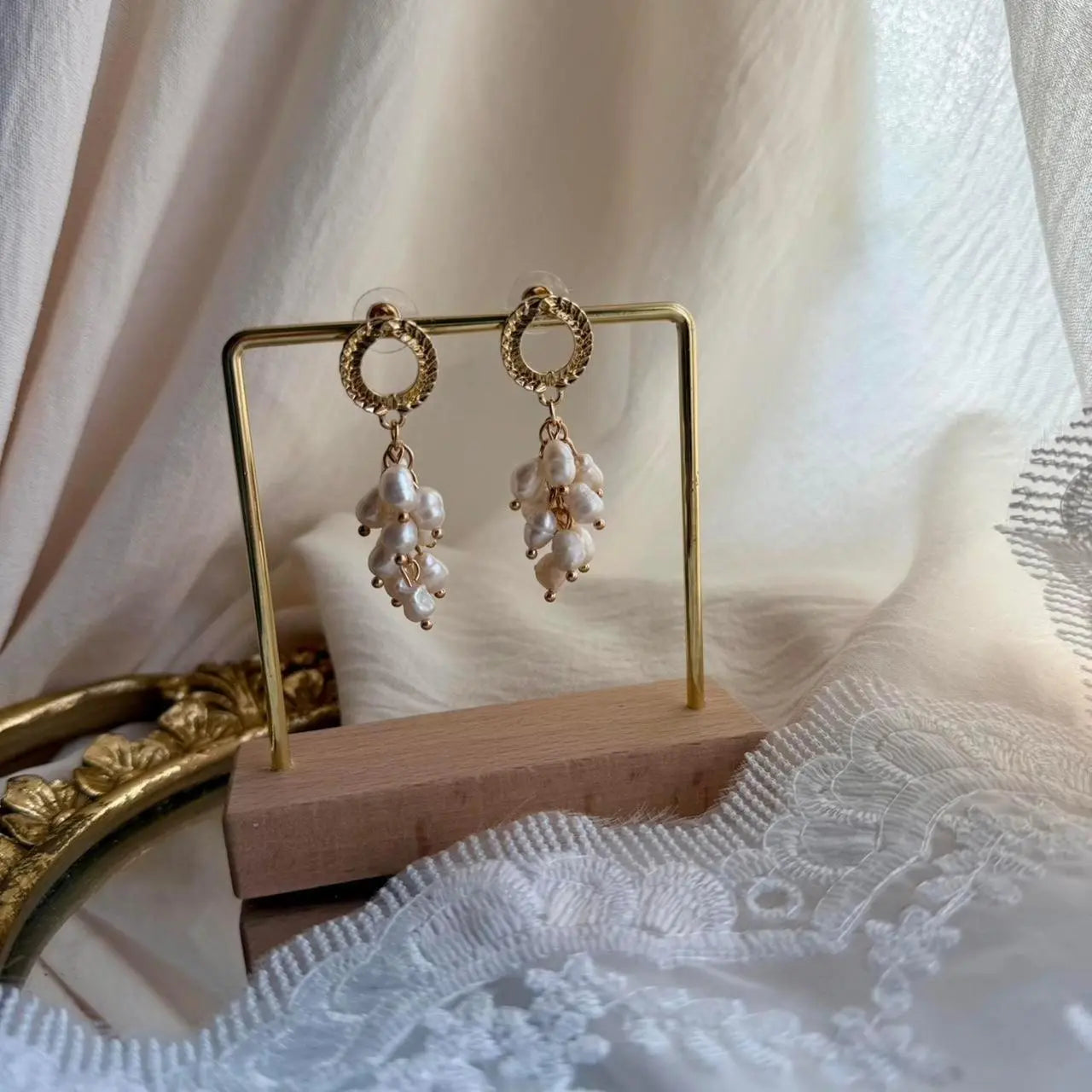 Freshwater Pearl Baroque Cluster Drop Earrings S925 on neutral background — front view