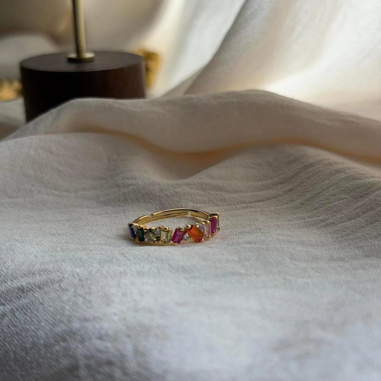 Rainbow Baguette Stone Eternity Ring Gold Women — open-back adjustable detail