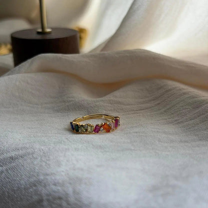 Rainbow Baguette Stone Eternity Ring Gold Women — open-back adjustable detail