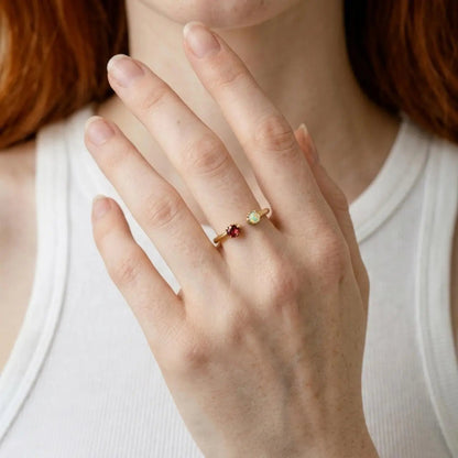 Minimalist Red Stone Ring 18K Gold Adjustable Band on neutral background — front view