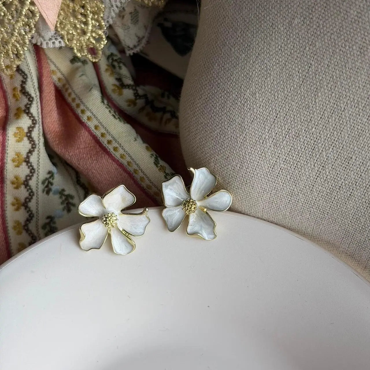 White Enamel 3D Flower Stud Earrings S925 Gold — close-up of pearl and post detail