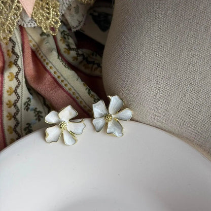 White Enamel 3D Flower Stud Earrings S925 Gold — close-up of pearl and post detail