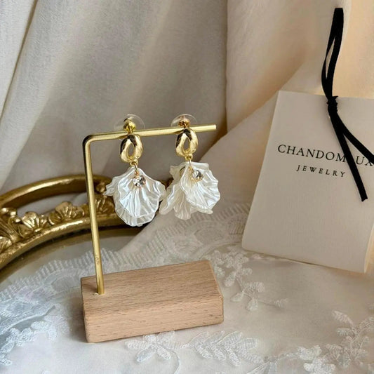 White Petal Flower Drop Earrings S925 Gold Bridal on neutral background — front view