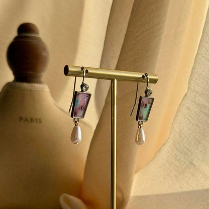 Floral Pearl Rectangle Drop Earrings Silver Tone on neutral background — front view