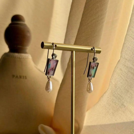 Floral Pearl Rectangle Drop Earrings Silver Tone on neutral background — front view