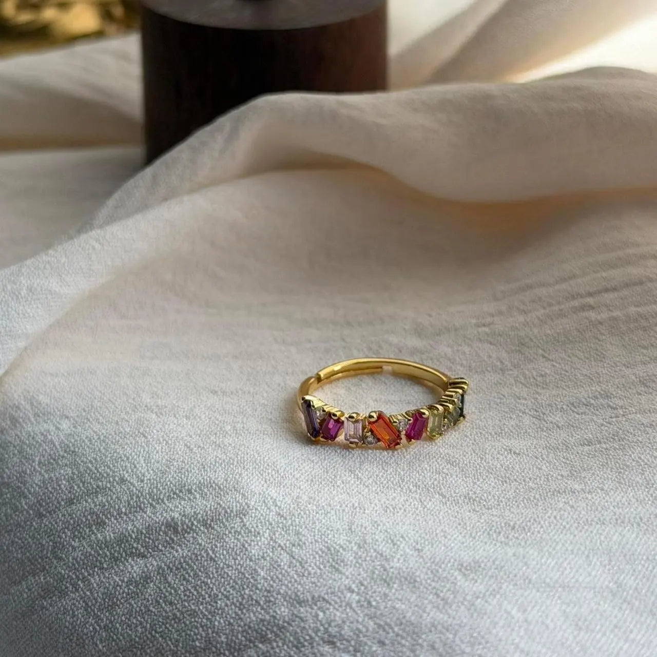 Rainbow Baguette Stone Eternity Ring Gold Women — top-down detail of stones