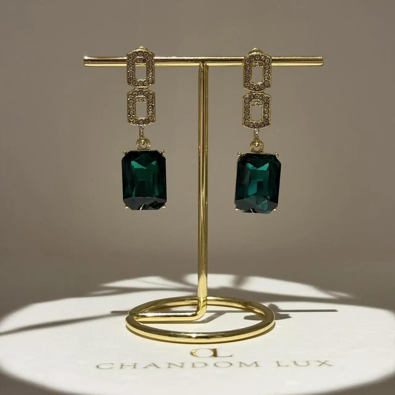Emerald Green Crystal Pavé Link Drop Earrings S925 on neutral background — front view