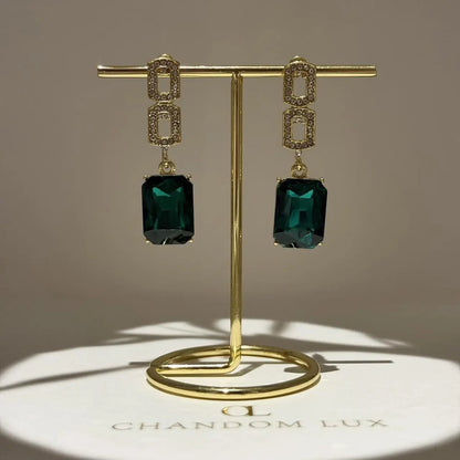 Emerald Green Crystal Pavé Link Drop Earrings S925 on neutral background — front view