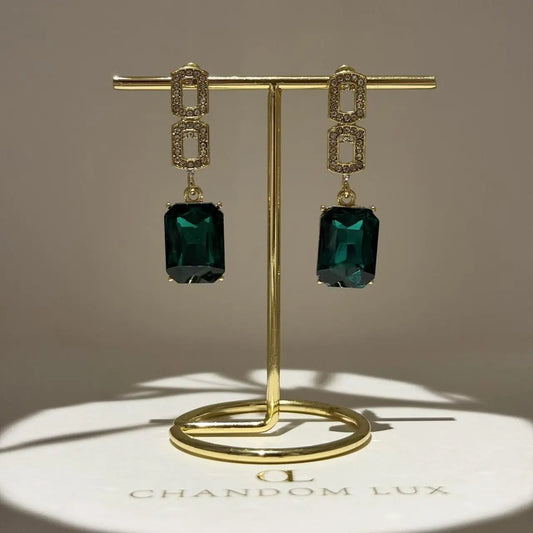 Emerald Green Crystal Pavé Link Drop Earrings S925 on neutral background — front view