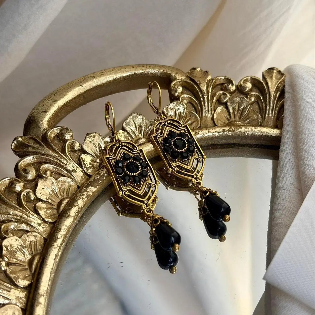 Art Deco Black Crystal Filigree Drop Earrings Gold — styled with neutral outfit
