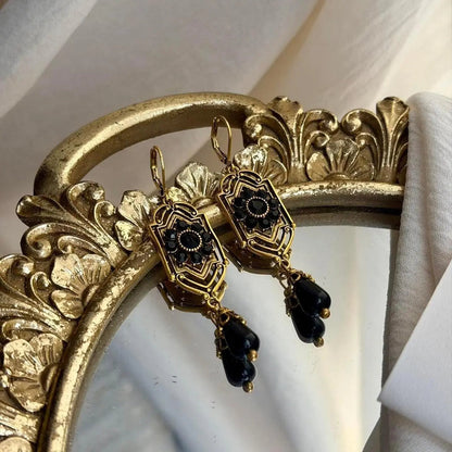 Art Deco Black Crystal Filigree Drop Earrings Gold — styled with neutral outfit