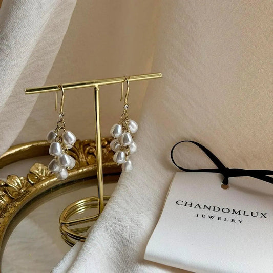 Faux Pearl Cluster Grape Drop Earrings Gold Tone on neutral background — front view