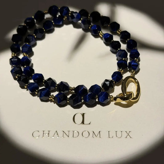 Natural Lapis Lazuli Bead Choker Necklace Gold on neutral background — full length view