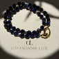 Natural Lapis Lazuli Bead Choker Necklace Gold on neutral background — full length view