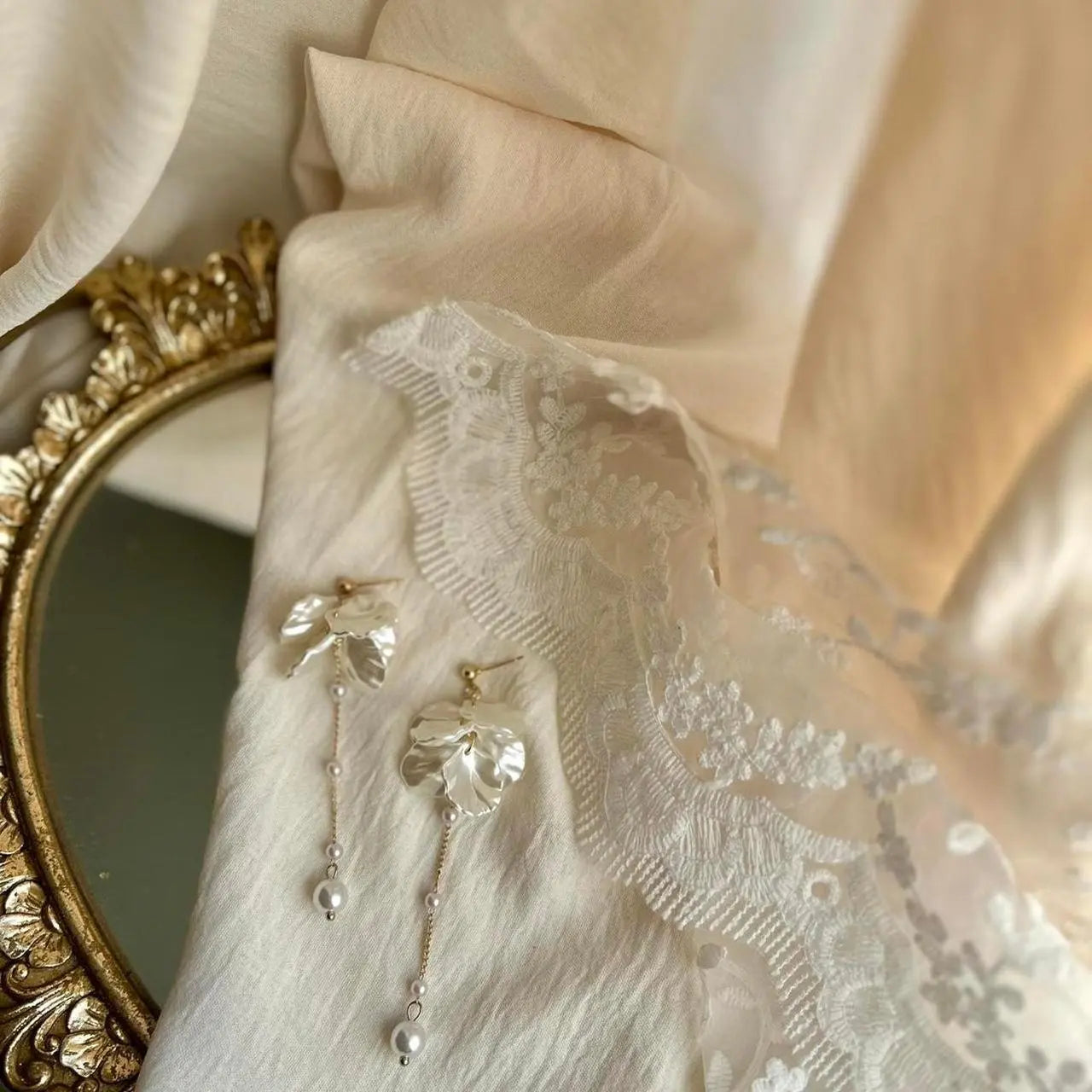 Mother of Pearl Flower Drop Earrings S925 Bridal — worn on model, side profile