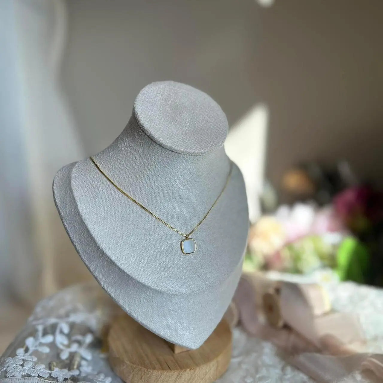 Mother of Pearl Cushion Pendant Necklace Gold Tone — worn on model