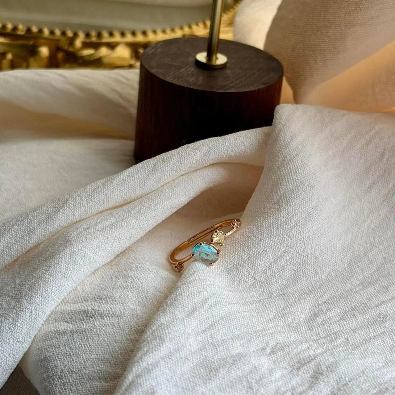 Minimalist Blue Stone Cluster Ring S925 Gold Plated — worn on finger, angled view