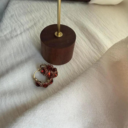 Red Crystal Pavé Huggie Hoop Earrings S925 Gold — close-up of pearl and post detail