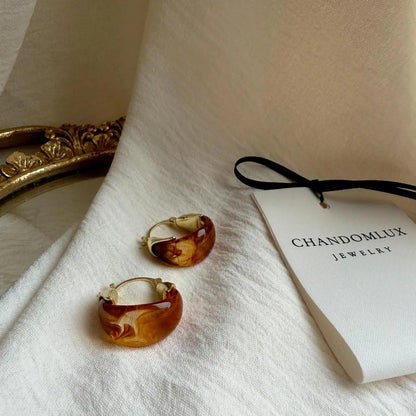 Amber Tortoiseshell Resin Chunky Hoop Drop Earrings — pair shown together on flat lay