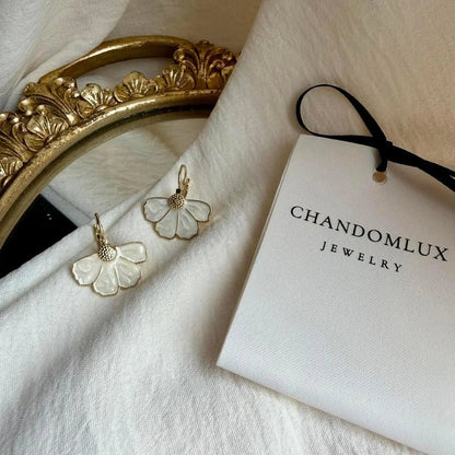 White Petal Flower Huggie Drop Earrings Gold Alloy — close-up of pearl and post detail