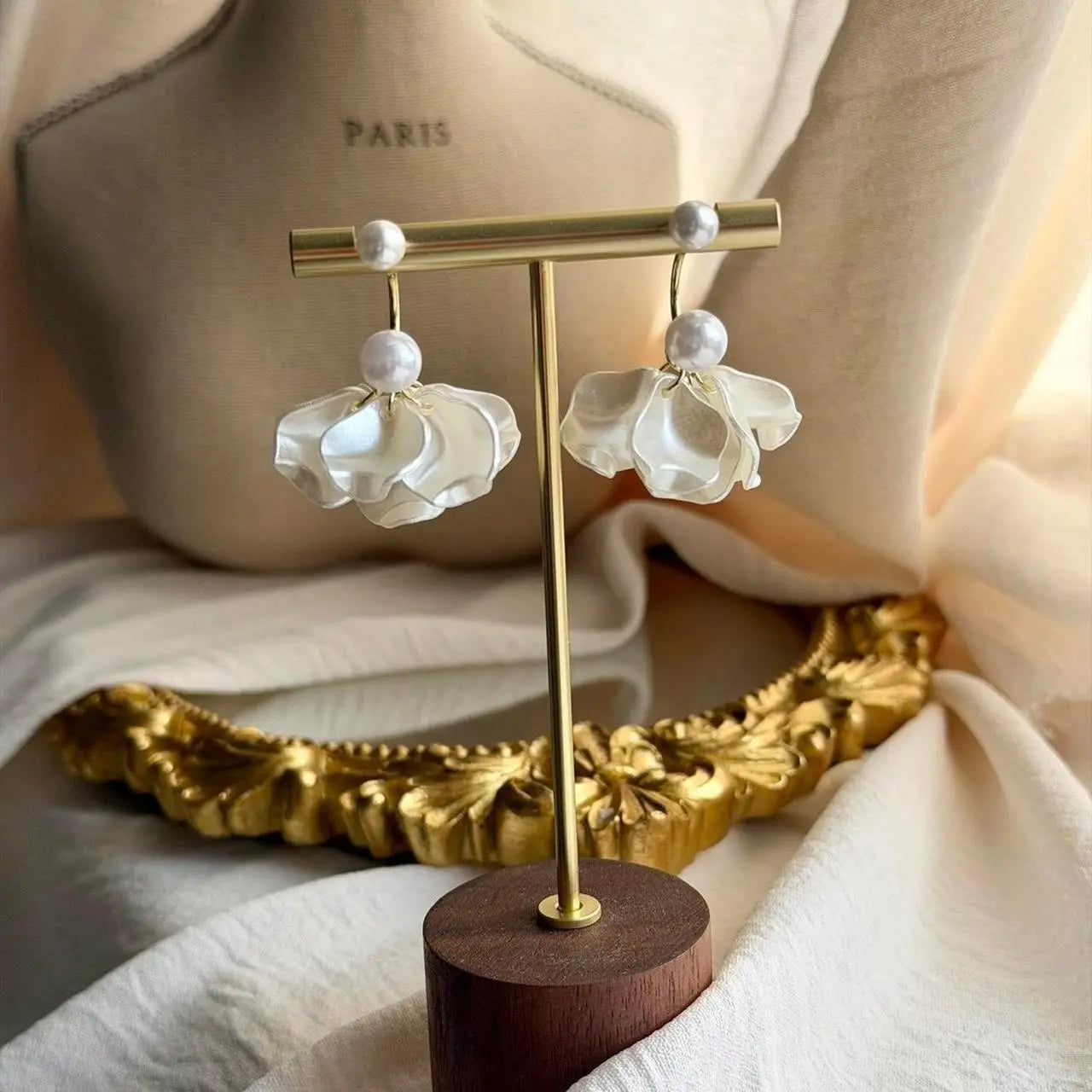 White Petal Flower Drop Earrings S925 Pearl Bridal — close-up of pearl and post detail