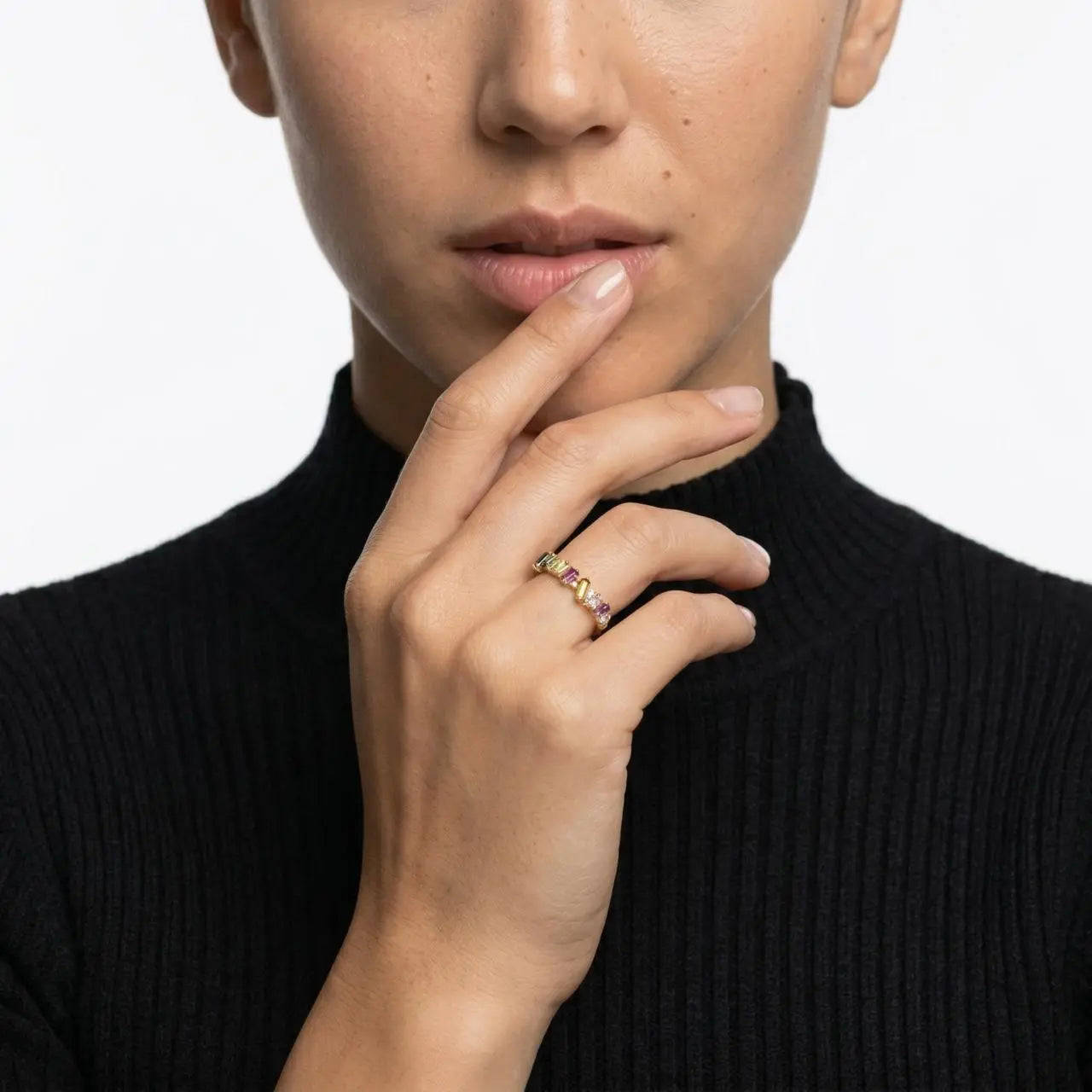 Rainbow Baguette Stone Eternity Ring Gold Women — alternate angle view