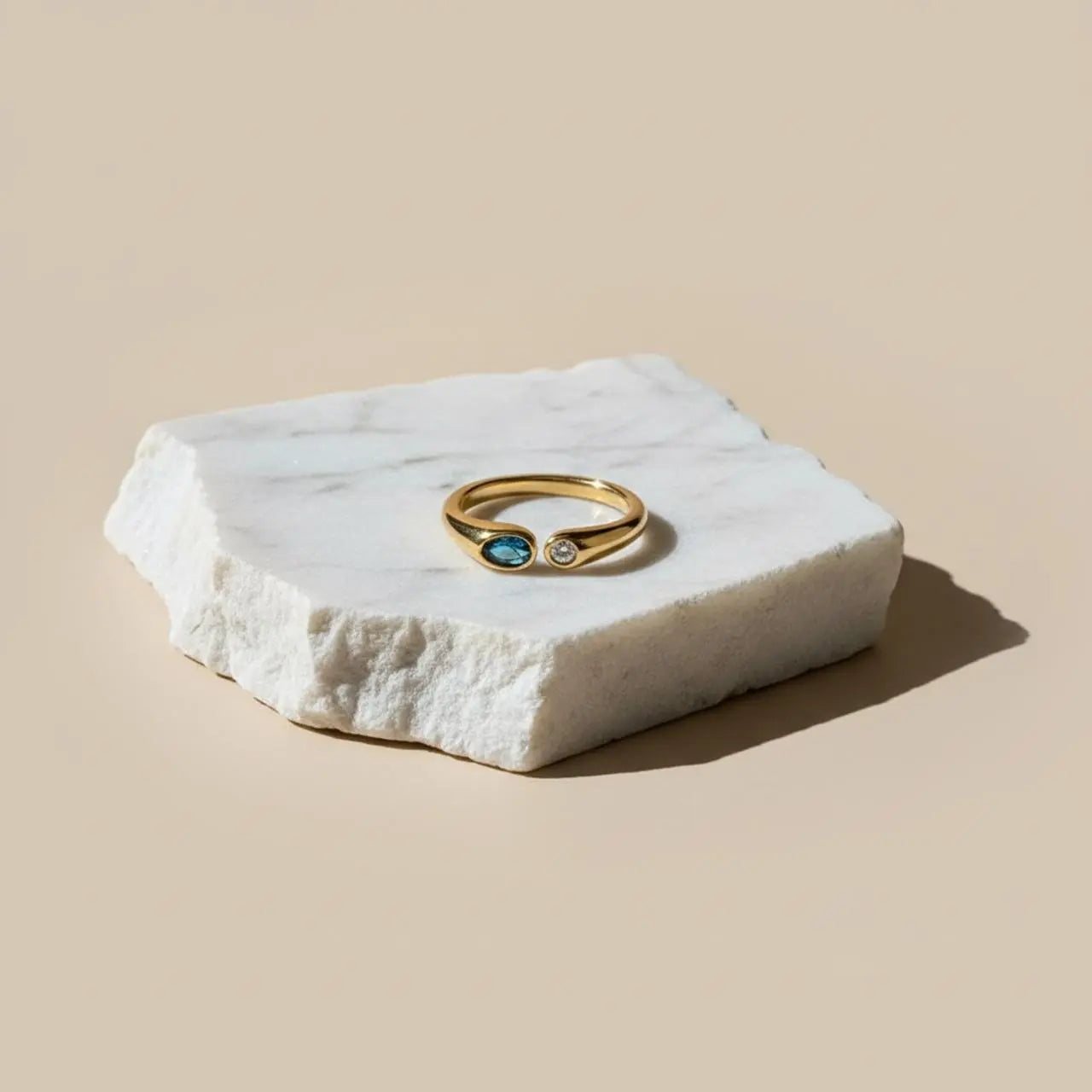 Dual Stone Toi et Moi Open Ring 18K Gold Blue Clear on neutral background — front view