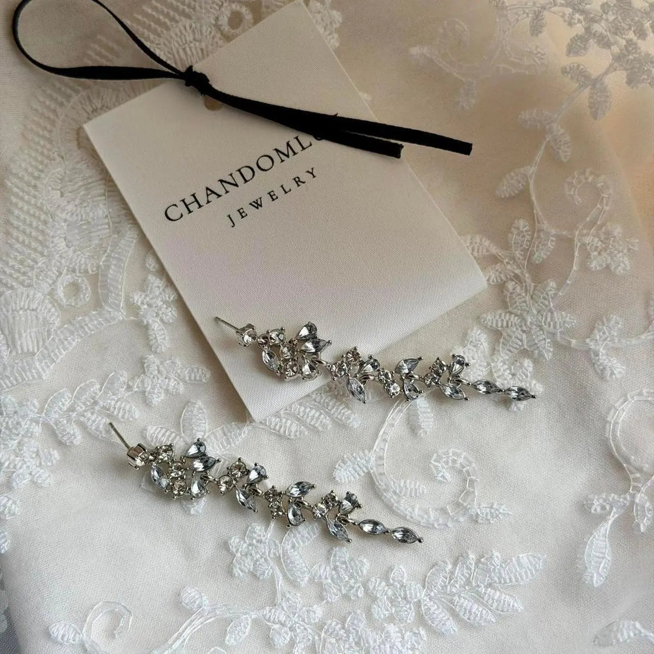 Crystal Vine Cascade Drop Earrings S925 Bridal — close-up of pearl and post detail