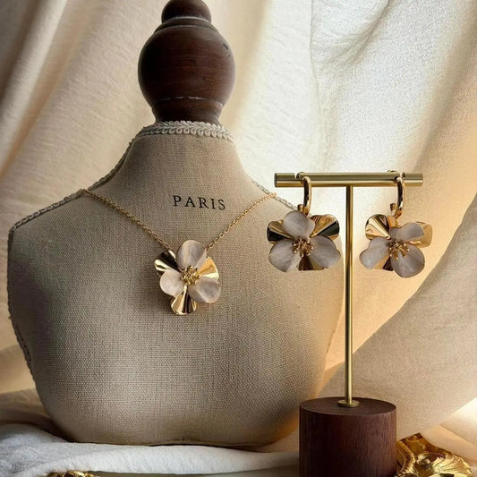Gold Shell Flower Jewellery Set Necklace & Earrings on neutral background — full length view