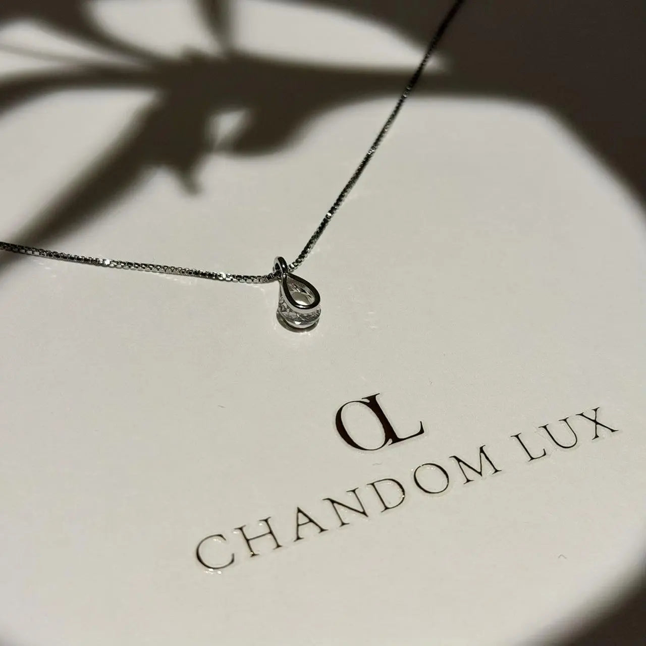 Clear Crystal Teardrop Pendant Necklace S925 Silver on neutral background — full length view