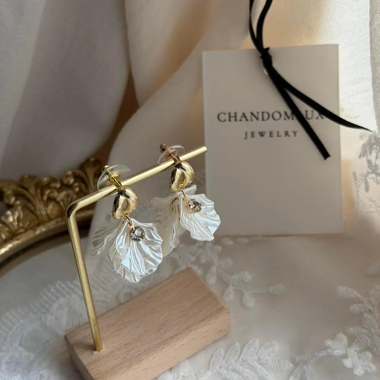 White Petal Flower Drop Earrings S925 Gold Bridal — worn on model, side profile