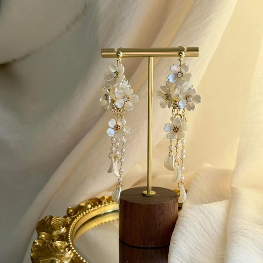 White Floral Cluster Long Drop Earrings S925 Bridal on neutral background — front view
