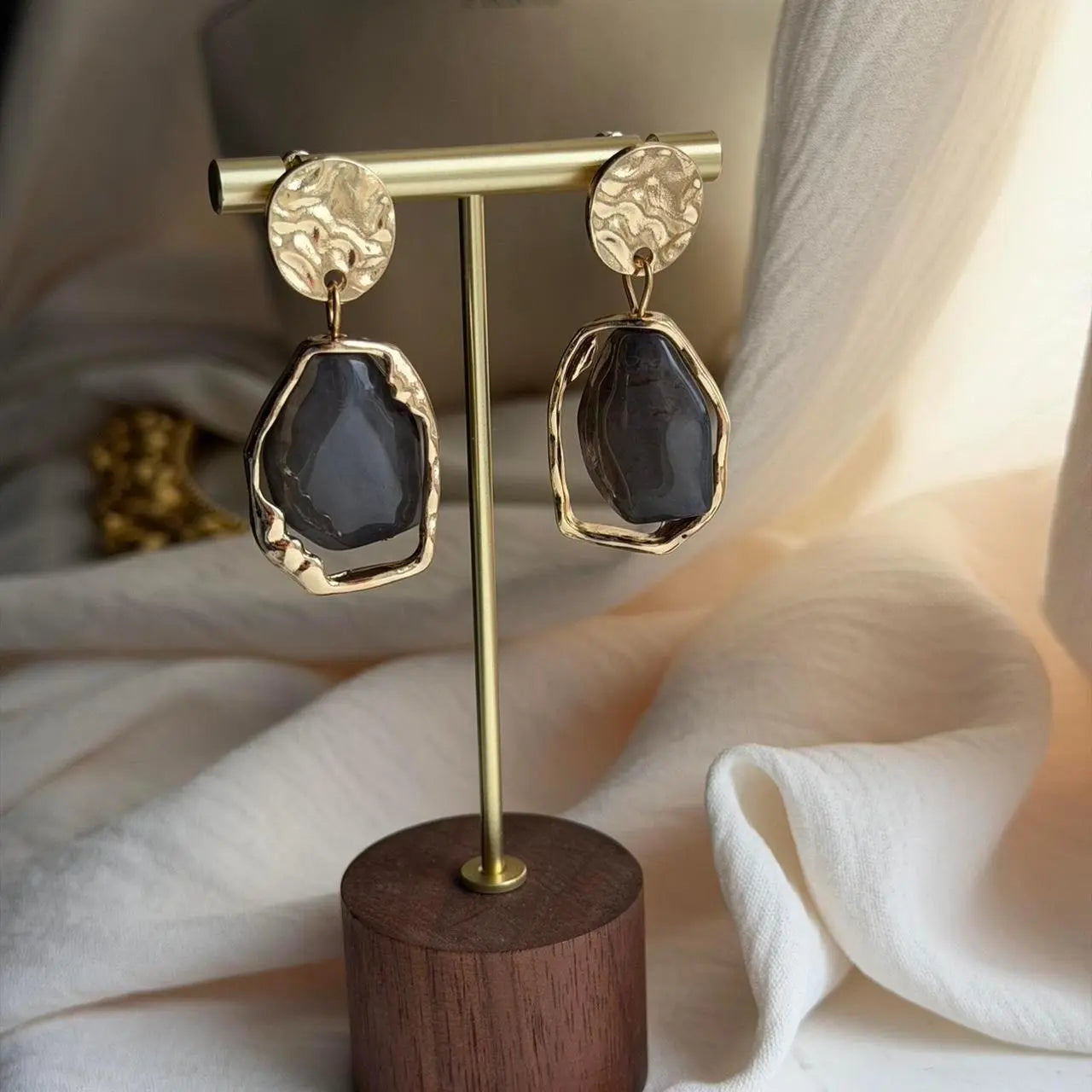 Smoky Grey Resin Drop Earrings S925 Gold Disc on neutral background — front view