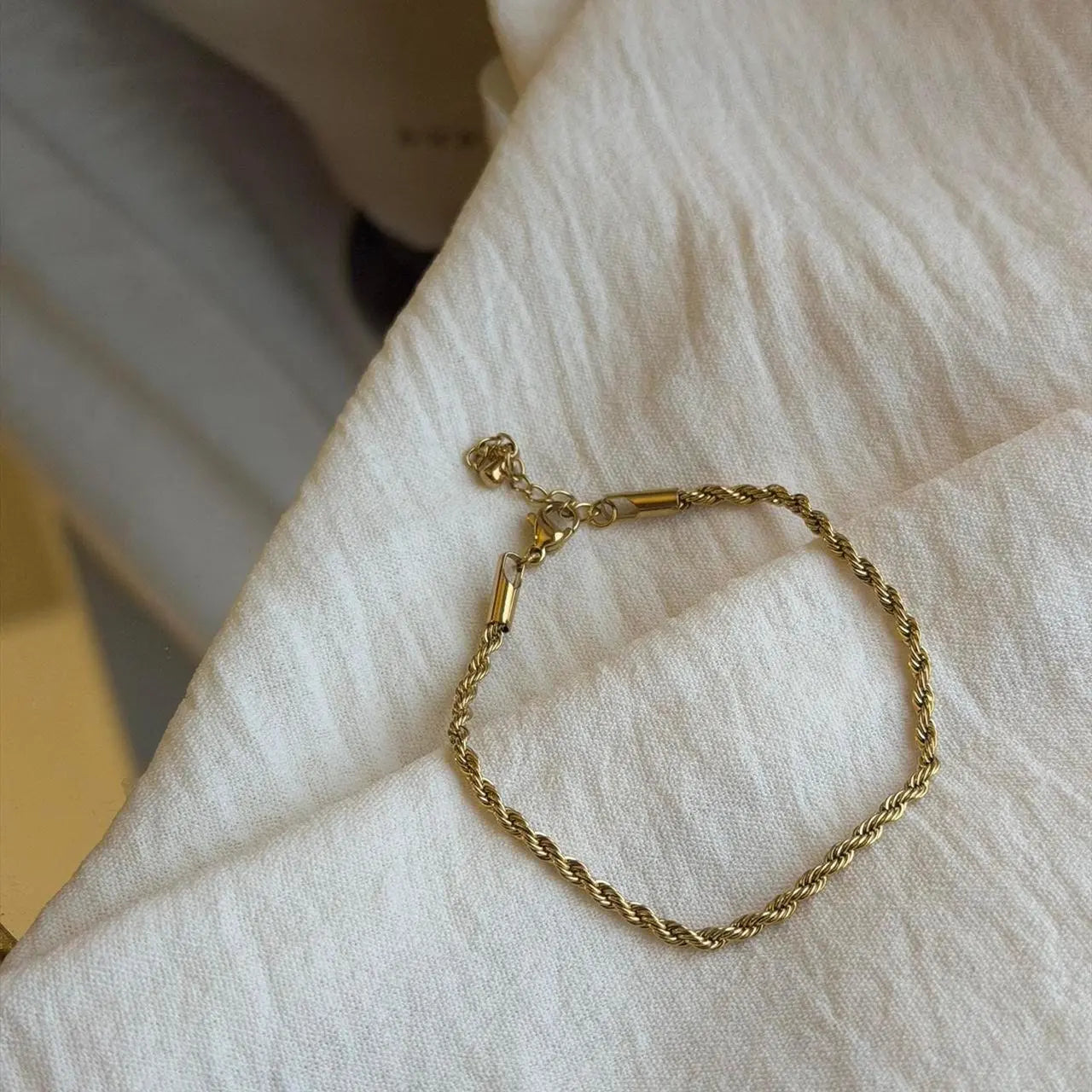 Gold Rope Chain Bracelet Stainless Steel Adjustable — side angle view