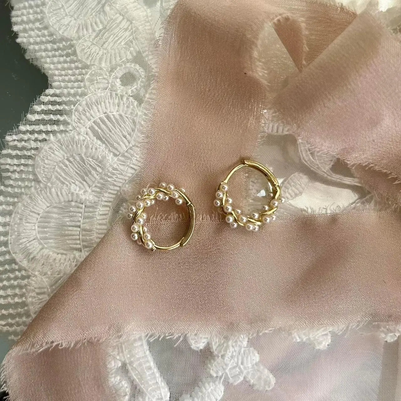 Pearl Beaded Huggie Hoop Earrings S925 Silver Gold — close-up of pearl and post detail