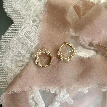 Pearl Beaded Huggie Hoop Earrings S925 Silver Gold — close-up of pearl and post detail