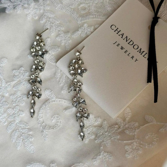 Crystal Vine Cascade Drop Earrings S925 Bridal on neutral background — front view