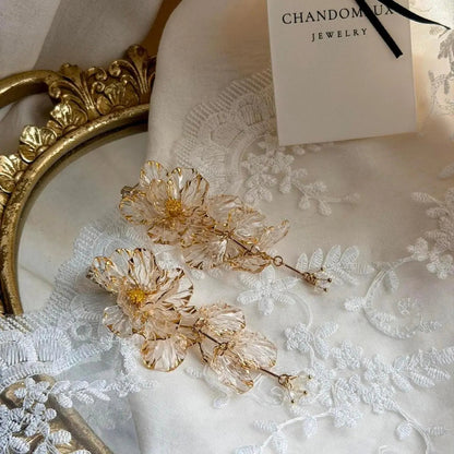 Champagne Flower Drop Earrings S925 Gold Bridal — pair shown together on flat lay