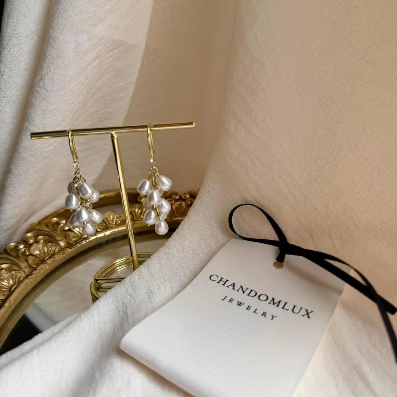 Faux Pearl Cluster Grape Drop Earrings Gold Tone — close-up of pearl and post detail