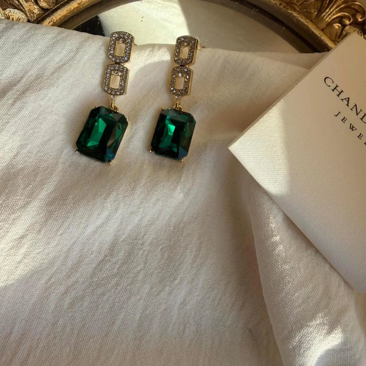 Emerald Green Crystal Pavé Link Drop Earrings S925 — worn on model, side profile