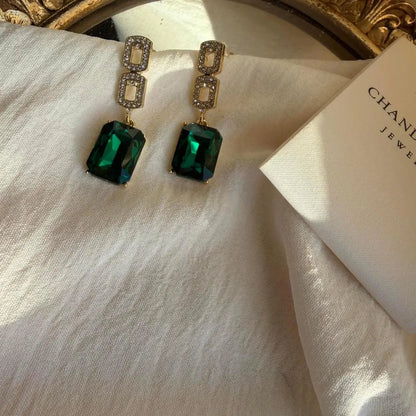 Emerald Green Crystal Pavé Link Drop Earrings S925 — worn on model, side profile