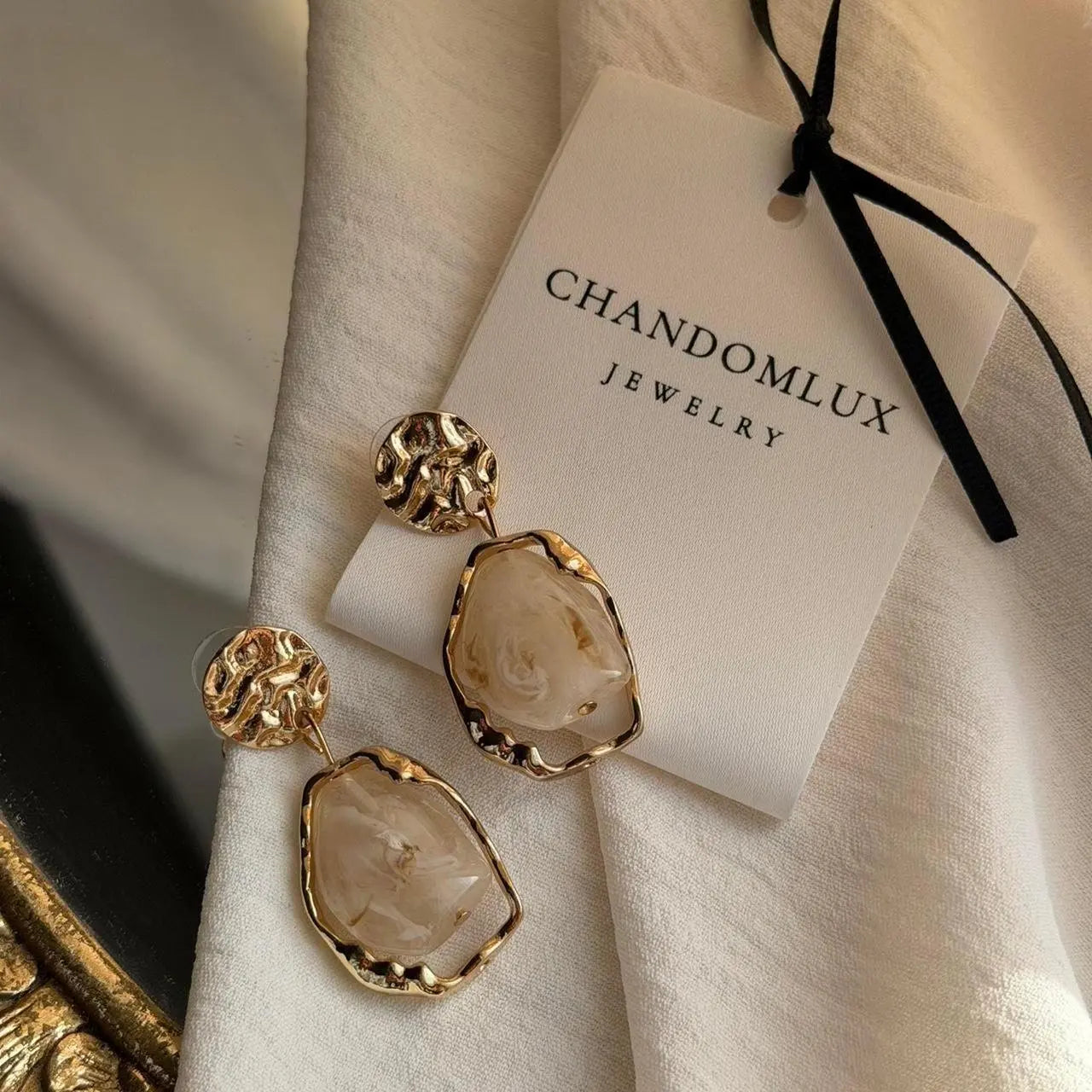 Frosted Resin Drop Earrings S925 Hammered Gold Disc — pair shown together on flat lay