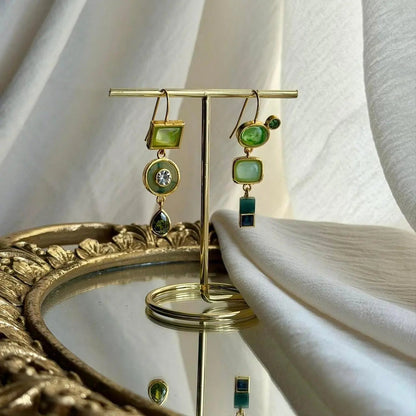 Green Mosaic Multi-Stone Drop Earrings Gold Teal — pair shown together on flat lay