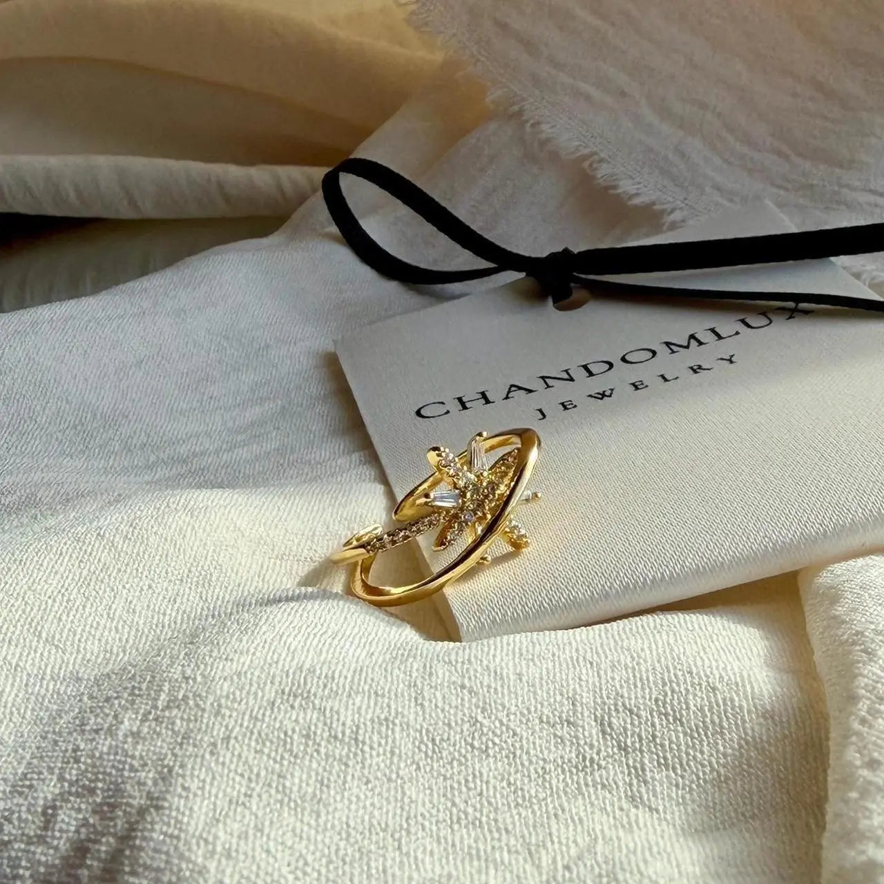 Crystal Pavé Leaf Star Open Ring 14K Gold Adjustable — top-down detail of stones