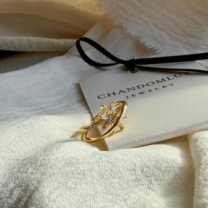 Crystal Pavé Leaf Star Open Ring 14K Gold Adjustable — top-down detail of stones