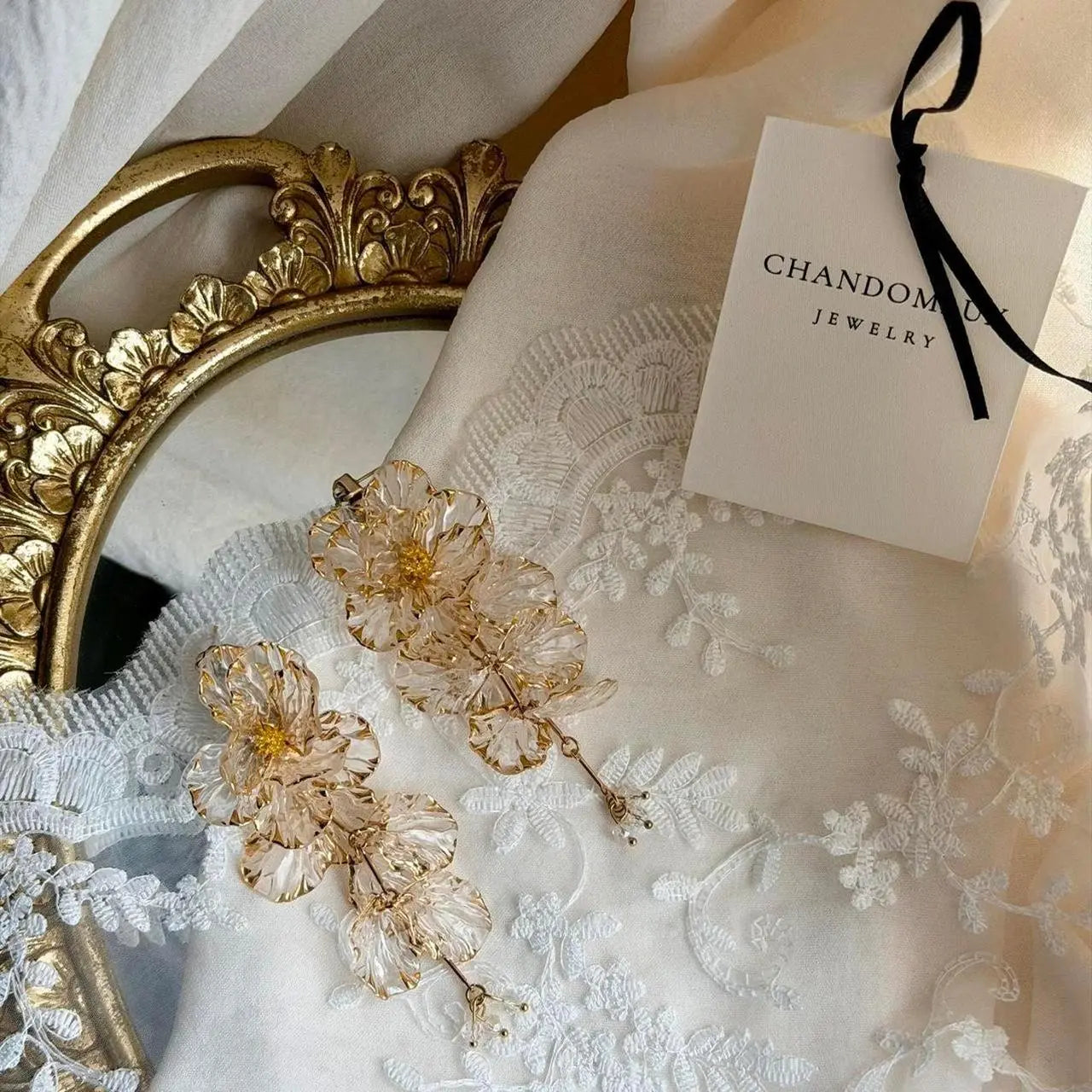 Champagne Flower Drop Earrings S925 Gold Bridal — worn on model, side profile
